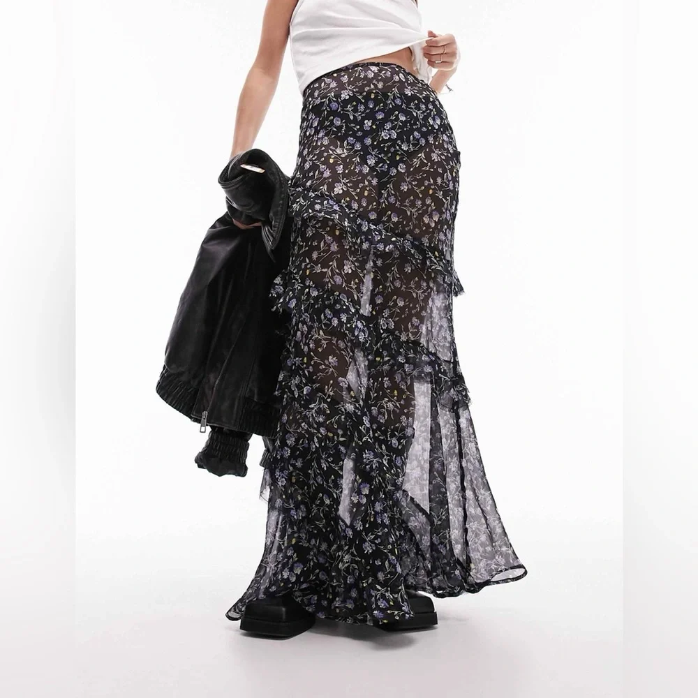 Topshop Black and Blue Floral Maxi Skirt
